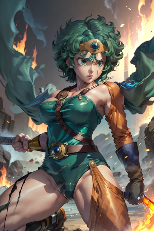 Anime Artwork Anime Artwork Masterpiece,Highest quality, アンRealエンジン, Ultra-high resolution, Very detailed丸い胸, 1 person with medium chest,  Waist, thin,(Muscular:0.9)
 heroine, 
Circlet, Curly Hair, Green Hair, short hair, Asymmetrical clothing, leotard, belt, One-handed gloves, Single Sleeve, Single Thigh High Cave, Holding a sword, . Anime Style, Key Visual, Vibrant, Studio Anime,  Very detailed、Get down on one knee、Crippling、Hurt、Coming under attack、Surrounded by flames、Real