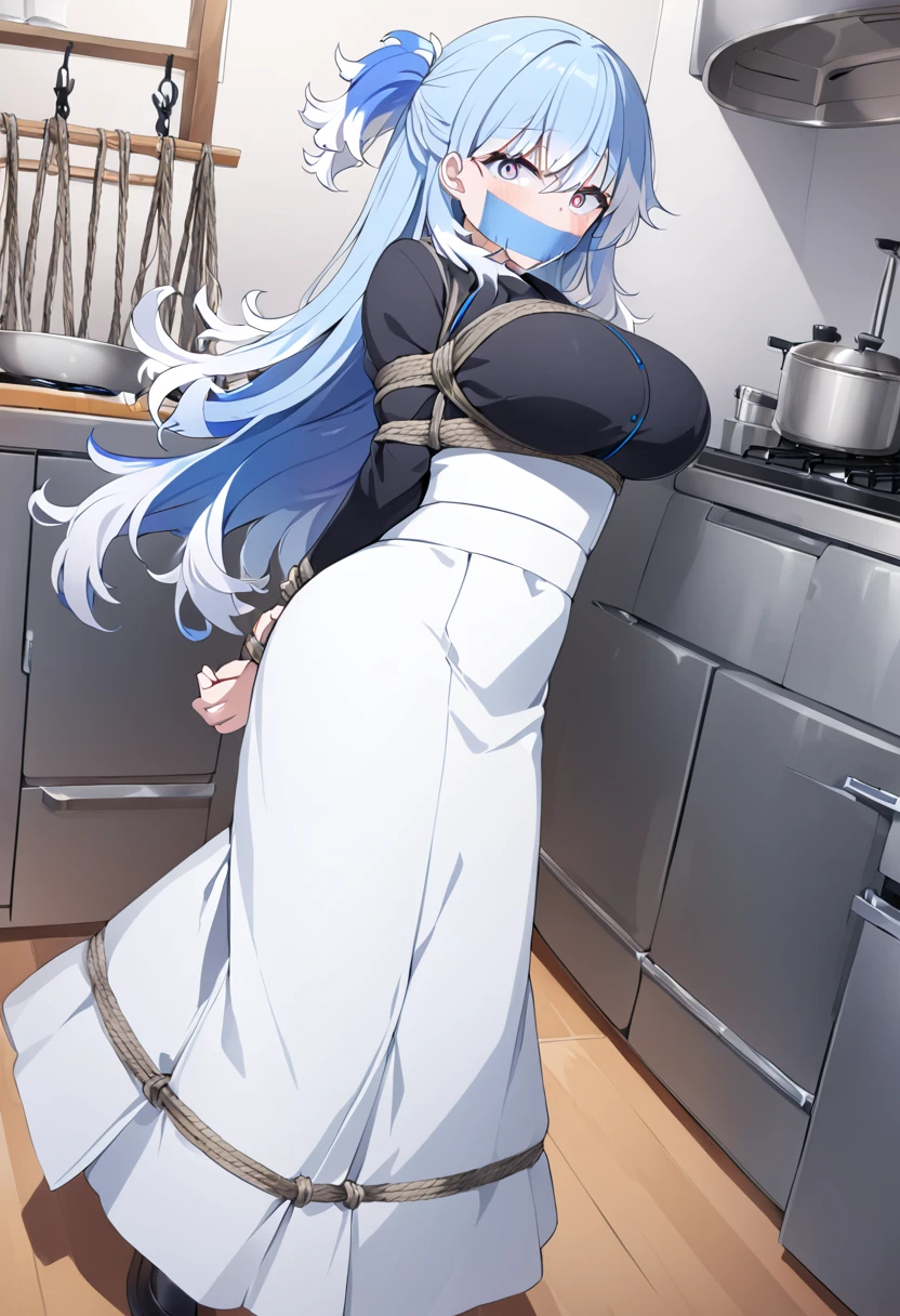 score_9, score_8_up, source_anime, 1girl, solo, KoboKanaeru, blue eyes, long hair, blue hair, colored tips, white hair, high-waist skirt, long skirt, white skirt, black shirt, long sleeves, , standing, indoors,house kitchen, (bound with an excessive amount of ropes), (bound wirsts), (arms behind back), (tapegag, tape gag), dramatic,  (looking at viewer), (detailed pupils:1.3),pencil skirt,big breast 