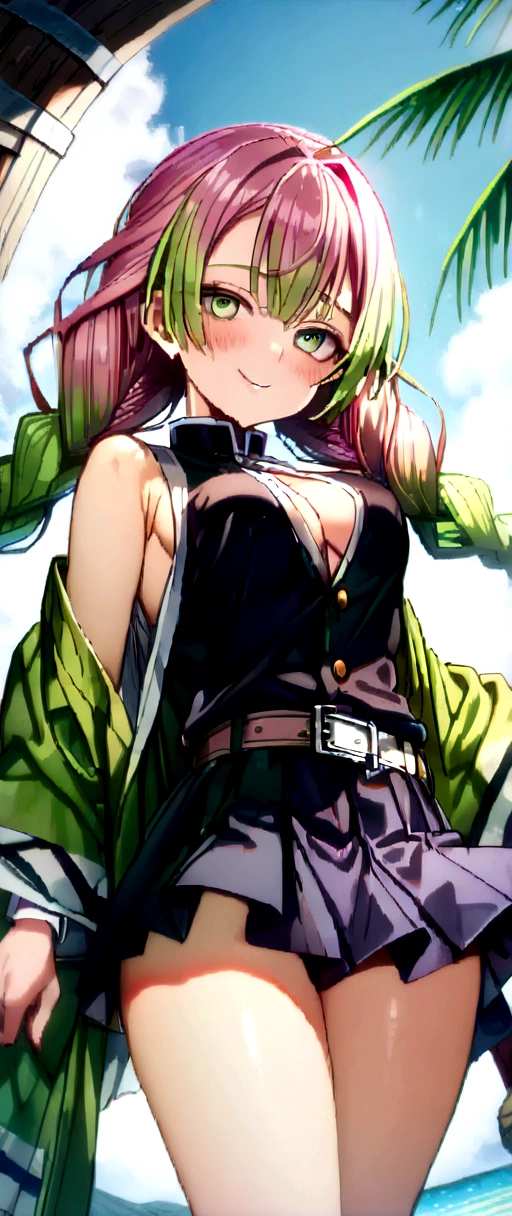 (masterpiece:1.2), (best quality:1.2), (high resolution:1.2), absurdres, solo, 1girl, mitsuri kanroji, belt, black skirt, cleavage, demon slayer uniform,haori, japanese clothes, sleeveless, miniskirt, partially unbuttoned, pleated skirt, skirt, uniform, braid, gradient hair, (green eyes:1.5), green hair, long hair, mole, mole under eye, multicolored hair, pink hair, twin braids, two-tone hair, midriff, navel, armpit, (cute:1.2), (sexy:1.2), (seductive:1.2), (blush:1.2), (naughty smirk:1.2), standing, (looking at viewer, from below), outdoors, ocean, beach background, sunlight, (highly detailed eyes:1.2), (highly detailed face:1.2) miniskirt,miniskirt,miniskirt