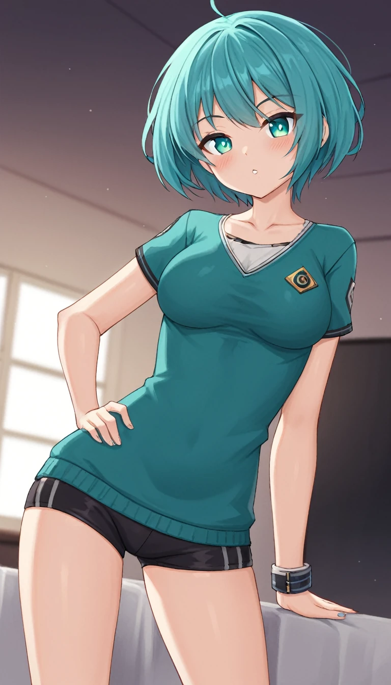 She has short blue hair，Black pupil，Wearing long cotton coat，Personal ID hanging on the chest，There are shorter deer ears on the head，Wear long pants，Leg loops on the legs