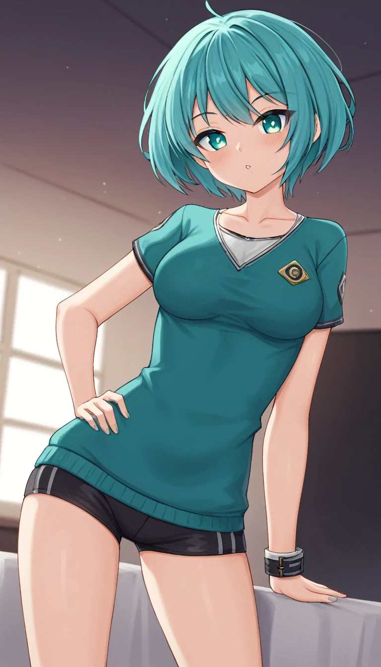 She has short blue hair，Black pupil，Wearing long cotton coat，Personal ID hanging on the chest，There are shorter deer ears on the head，Wear long pants，Leg loops on the legs