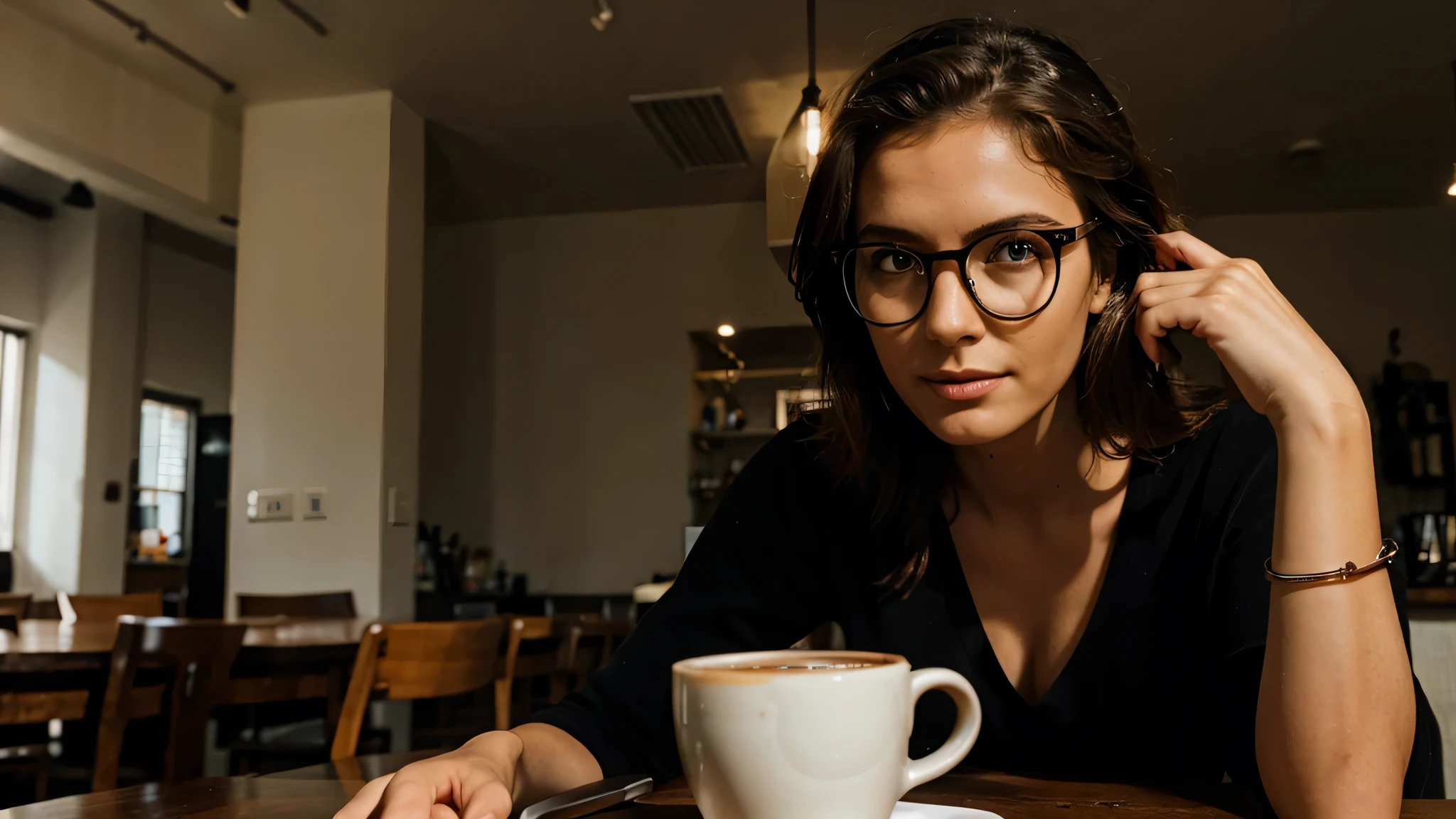 German model . Glasses. Coffee