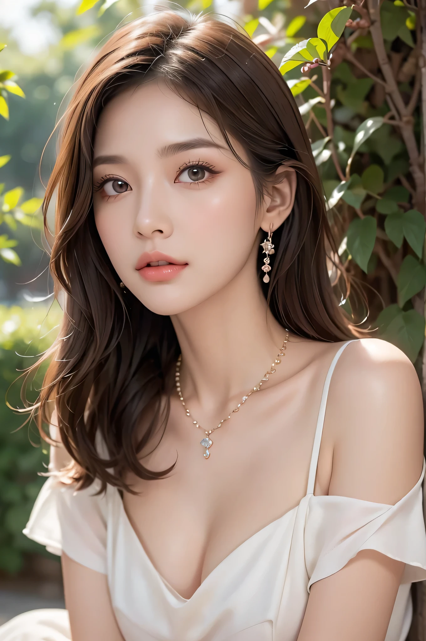Beautiful girl, Hair that falls over the shoulders, Clear Eyes, Smooth Hair, Exquisite and perfect features, The most beautiful big eyes, Long eyelashes, The gentle eyes of a lying silkworm, Pouting, Dynamic Angle, Ultimate image quality, Highest precision, Accurate and perfect human body, necklace, Beautiful bust, close, Outdoor, The background is flowers and plants, Long Shot,Beautiful slim legs