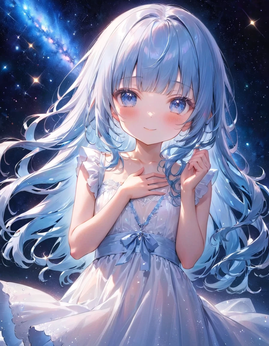 masterpiece, best quality, extremely detailed, (illustration, official art:1.1), 1 girl ,(((( light blue long hair)))),pale blue hair,, long hair ((blush)) , cute face, big eyes, masterpiece, best quality,(((((a very delicate and beautiful girl))))),Amazing,beautiful detailed eyes,blunt bangs((((little delicate girl)))),tareme(true beautiful:1.2), sense of depth,dynamic angle,,,, affectionate smile, (true beautiful:1.2),,(tiny 1girl model:1.2),)(flat chest)、High detail, super detail, super high resolution, girl enjoying her time in the dream galaxy, surrounded by stars, warm light sprinkled on her, background is starry sky with colorful galaxies and galaxy clouds, stars flying around her, delicate face, adding playful atmosphere , --v6