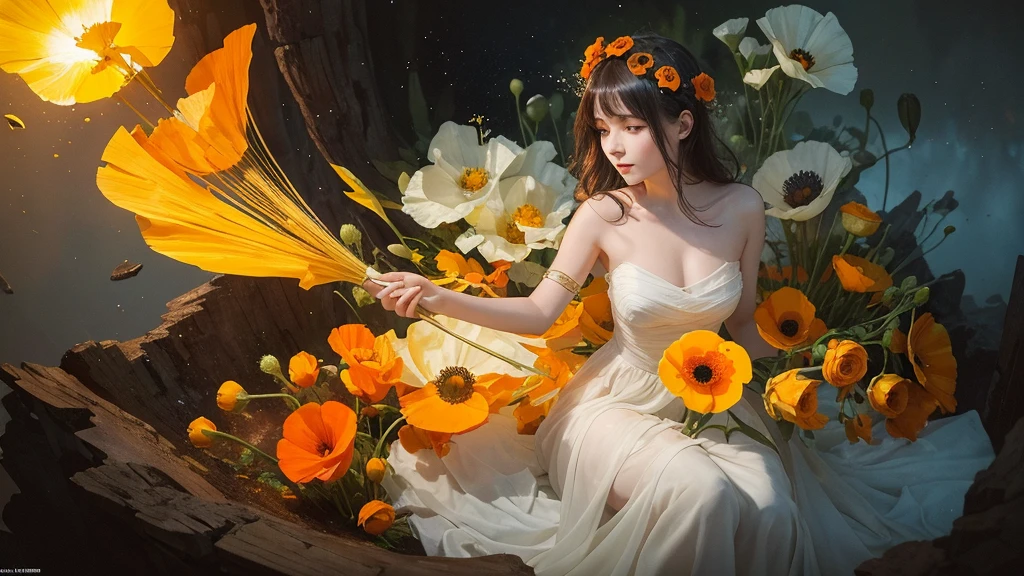 32k, Masterpiece, Highest quality, One girl, Detailed eyes, flower,Iceland Poppy, Orange and yellow style,A dreamy, romantic piece,Pale yellow, Mysterious Leaves,A playful arrangement,Fantasy,High Contrast,Ink strokes,explosion,Exposure, Impression of orange and yellow tones,Abstract,((Watercolours by John Berkey and Jeremy Mann )) Brush strokes,Negative Space, Tyndall effect,