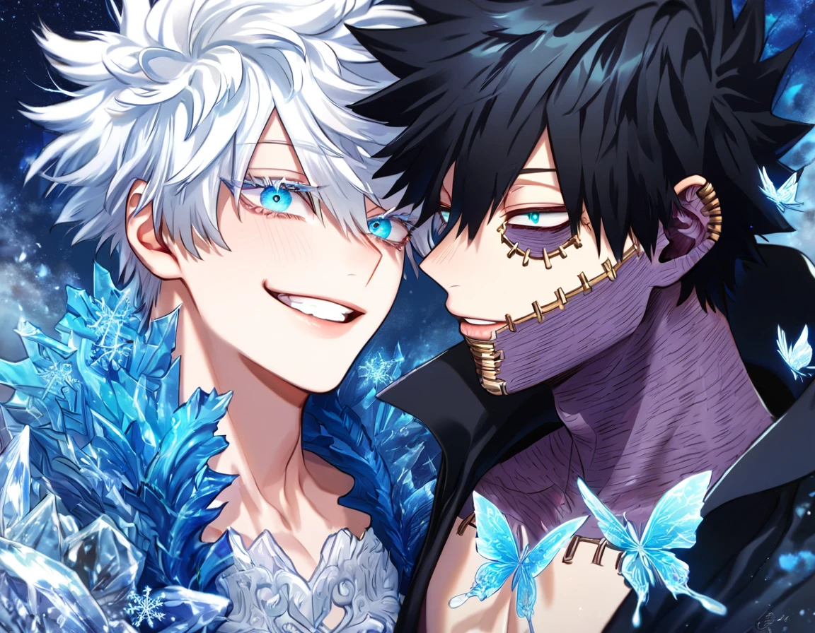 absurdres, highres, ultra detailed, HDR, master piece, best quality, extremely detailed face, delicated features, Dabi, black hair, expressive turquoise eyes, Boku No Hero Academia, Gojou Satoru, white hair, expressive blue eyes, white eyelashes, two sexy men together, yaoi, gay couple, handsome, smiling, blue jacket with fur, black coat, fantasy, magical, ice, blue fire, ice butterflies, snowflakes, starry night