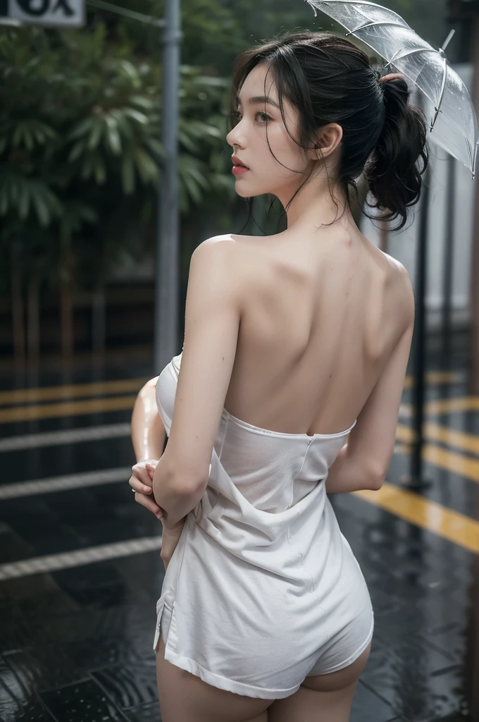 (((best quality))),(((ultra detailed))),(((masterpiece))),illustration,1girl, young,solo, slim,thin,short ponytail,((bare back,towering hips,butt crack)),strapless white tank top,shorts,standing,rainy night, heavy rain, drenched clothes, melancholy expression, solitude, tear rolling down cheek, wet hair, empty streets, dimly lit, deserted environment, sound of rain, footsteps, symbol of hope, abandoned, resilience, determination, walking in rain, heartbreak, loss, love fading, loneliness, body language, facial expression, dreary atmosphere, rain-soaked streets, somber mood, viewer engagement,((upper body,from back)),urban scape