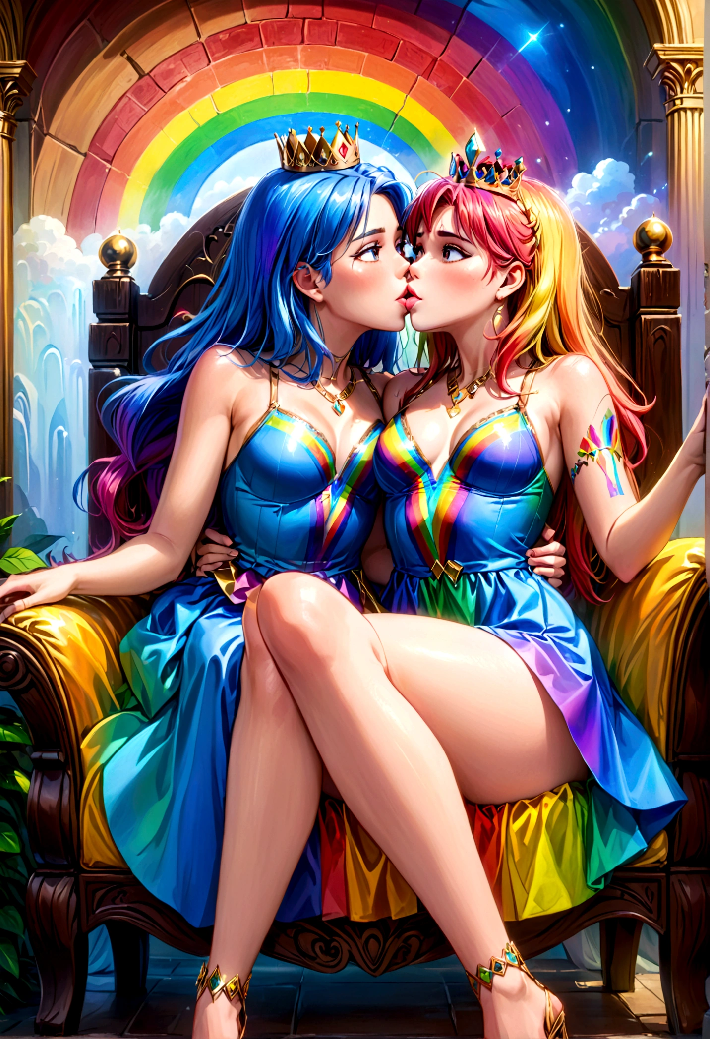 a 25 year old woman with rainbow hair and crown, wearing an intricate regal rainbow dress, sitting on a throne, with rainbows and kissing men painted on the wall behind her, detailed portrait, highly detailed, 4k, photorealistic, masterpiece, ultra-detailed, realistic, vivid colors, cinematic lighting, fantasy, digital art