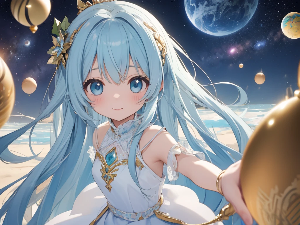 masterpiece, best quality, extremely detailed, (illustration, official art:1.1), 1 girl ,(((( light blue long hair)))), ,(((( light blue long hair)))),light blue hair,loli, long hair ((blush)) , cute face, big eyes, masterpiece, best quality,(((((a very delicate and beautiful girl))))),Amazing,beautiful detailed eyes,blunt bangs((((little delicate girl)))),tareme(true beautiful:1.2), sense of depth,dynamic angle,,,, affectionate smile, (true beautiful:1.2),,(tiny 1girl model:1.2),)(flat chest),A dimension where Earth like planets are hatched from eggs covered in gold, silver and jewels laid out in fractal patterns, As the eggs hatch the planets are sent into different dimensions, Christmas theme