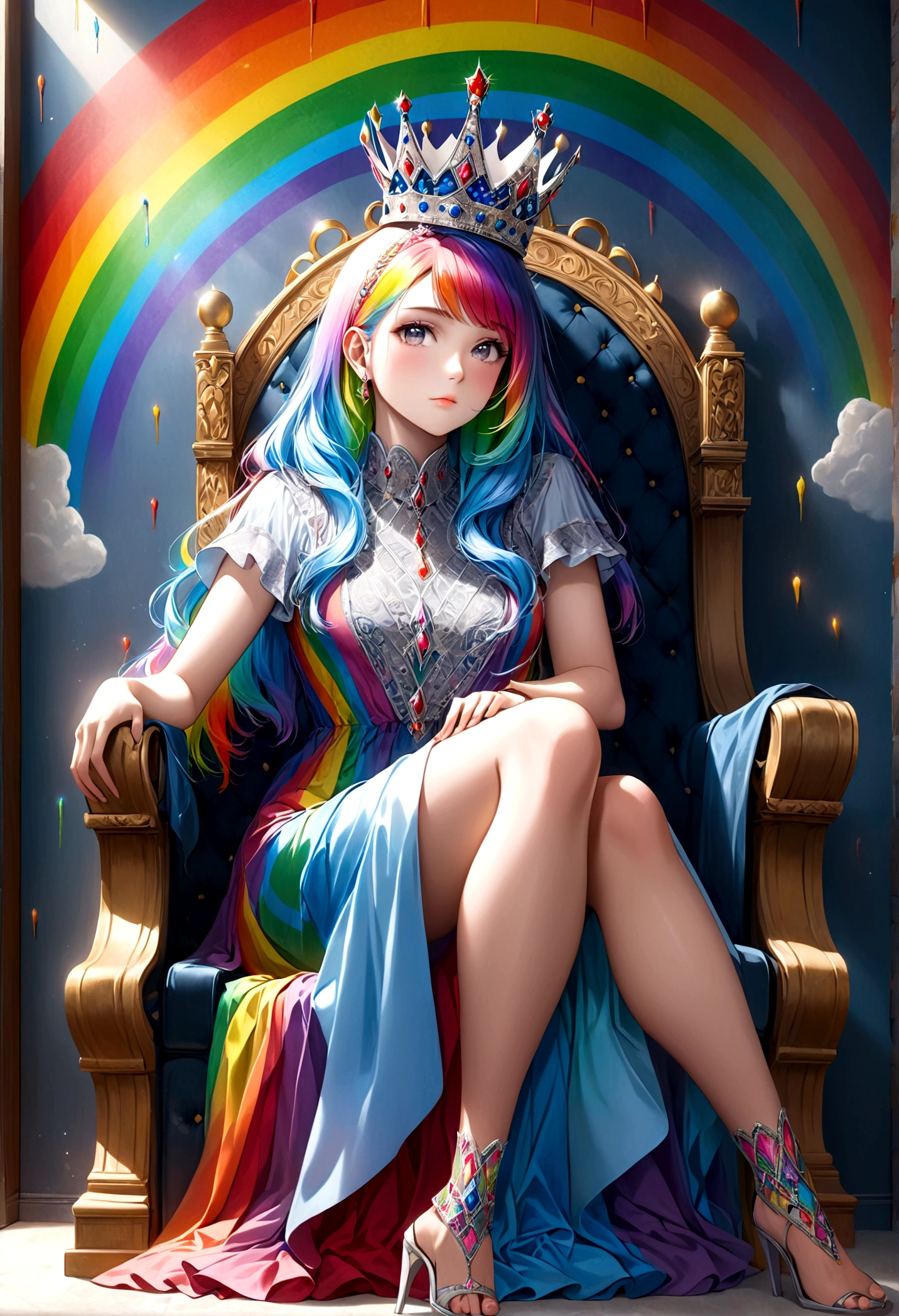 a 25 year old woman with rainbow hair and crown, wearing an intricate regal rainbow dress, sitting on a throne, with rainbows and kissing men painted on the wall behind her, detailed portrait, highly detailed, 4k, photorealistic, masterpiece, ultra-detailed, realistic, vivid colors, cinematic lighting, fantasy, digital art