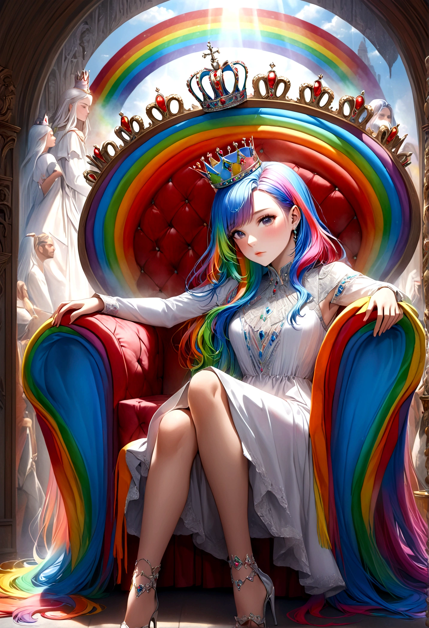 a 25 year old woman with rainbow hair and crown, wearing an intricate regal rainbow dress, sitting on a throne, with rainbows and kissing men painted on the wall behind her, detailed portrait, highly detailed, 4k, photorealistic, masterpiece, ultra-detailed, realistic, vivid colors, cinematic lighting, fantasy, digital art