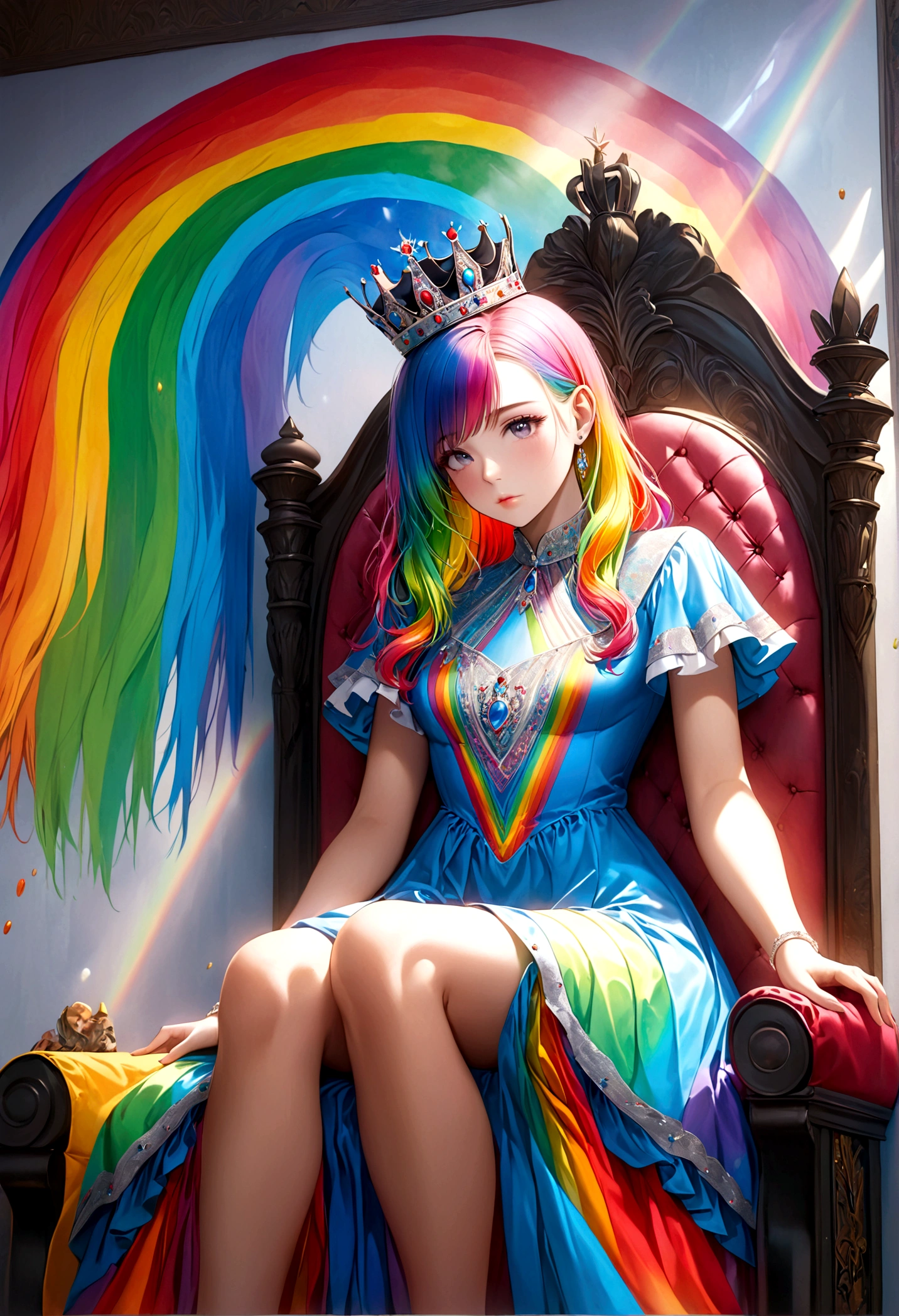 a 25 year old woman with rainbow hair and crown, wearing an intricate regal rainbow dress, sitting on a throne, with rainbows and kissing men painted on the wall behind her, detailed portrait, highly detailed, 4k, photorealistic, masterpiece, ultra-detailed, realistic, vivid colors, cinematic lighting, fantasy, digital art