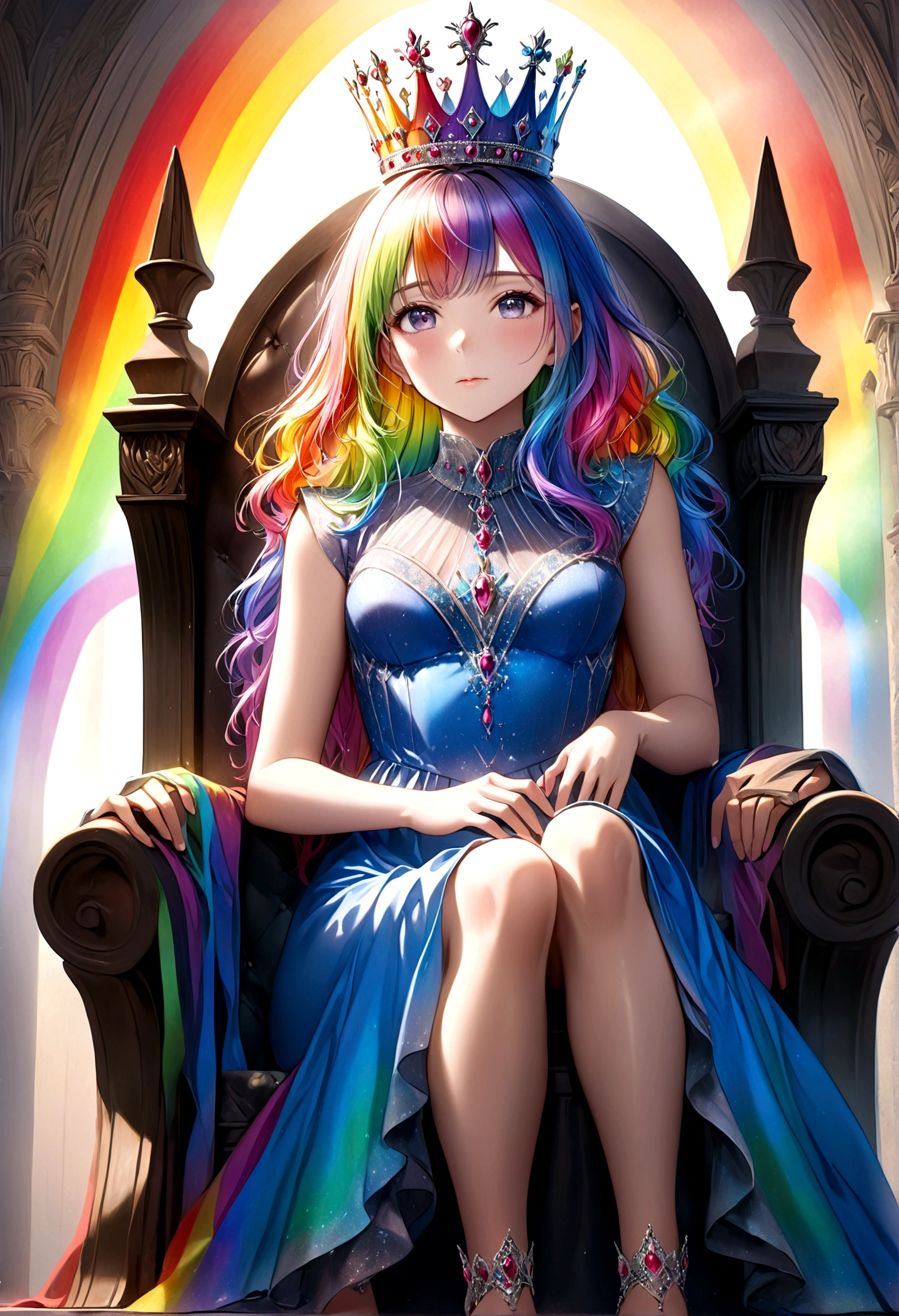 a 25 year old woman with rainbow hair and crown, wearing an intricate regal rainbow dress, sitting on a throne, with rainbows and kissing men painted on the wall behind her, detailed portrait, highly detailed, 4k, photorealistic, masterpiece, ultra-detailed, realistic, vivid colors, cinematic lighting, fantasy, digital art