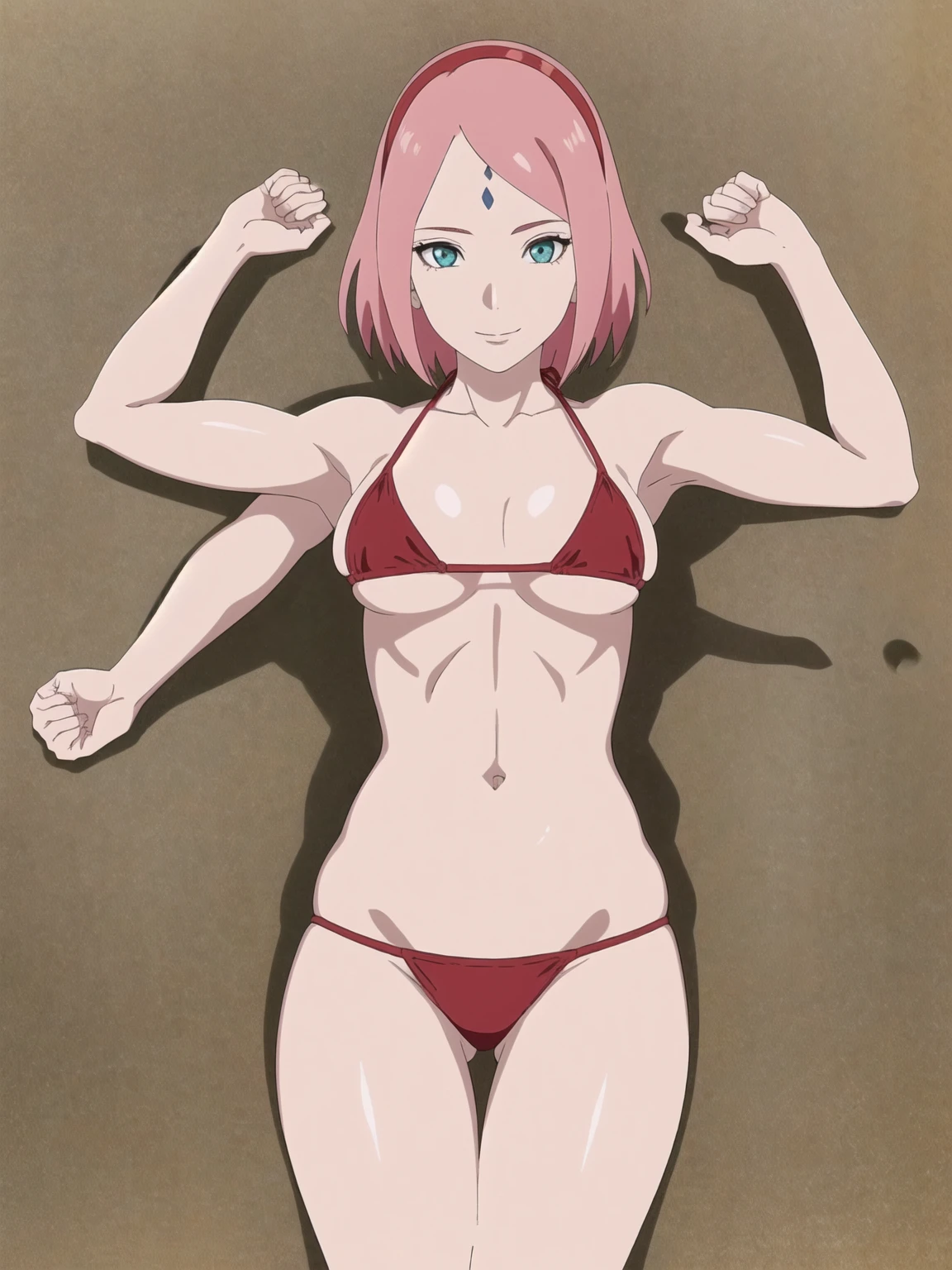 anime style, solo, 1 woman, super ultra details, very high resolution, perfect ???????, ultra detailed face, high vibrance, (blue light), ((cold colors)), 1girl, haruno sakura, (tall, thin belly, off-shoulders, biceps, closed fists, pale skin, long belly, small ???????, forehead mark), ((red t-back ??????, red hair band)), looking at viewer, (beach, stretching, armpit line), floating hair, big smile, cowboy shot, (reddish pink hair, short hair), spring time((((???? pose))))((((((35 years old ???? body))))))(((big ?????))))(((micro ??????)))
