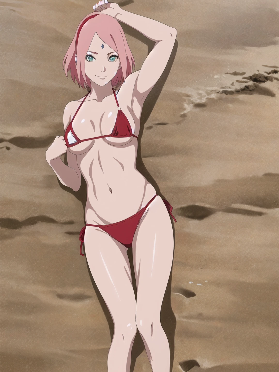 anime style, solo, 1 woman, super ultra details, very high resolution, perfect anatomy, ultra detailed face, high vibrance, (blue light), ((cold colors)), 1girl, haruno sakura, (tall, thin belly, off-shoulders, biceps, closed fists, pale skin, long belly, small breasts, forehead mark), ((red t-back bikini, red hair band)), looking at viewer, (beach, stretching, armpit line), floating hair, big smile, cowboy shot, (reddish pink hair, short hair), spring time((((sexy pose))))((((((35 years old sexy body))))))(((big boobs))))(((micro bikini)))