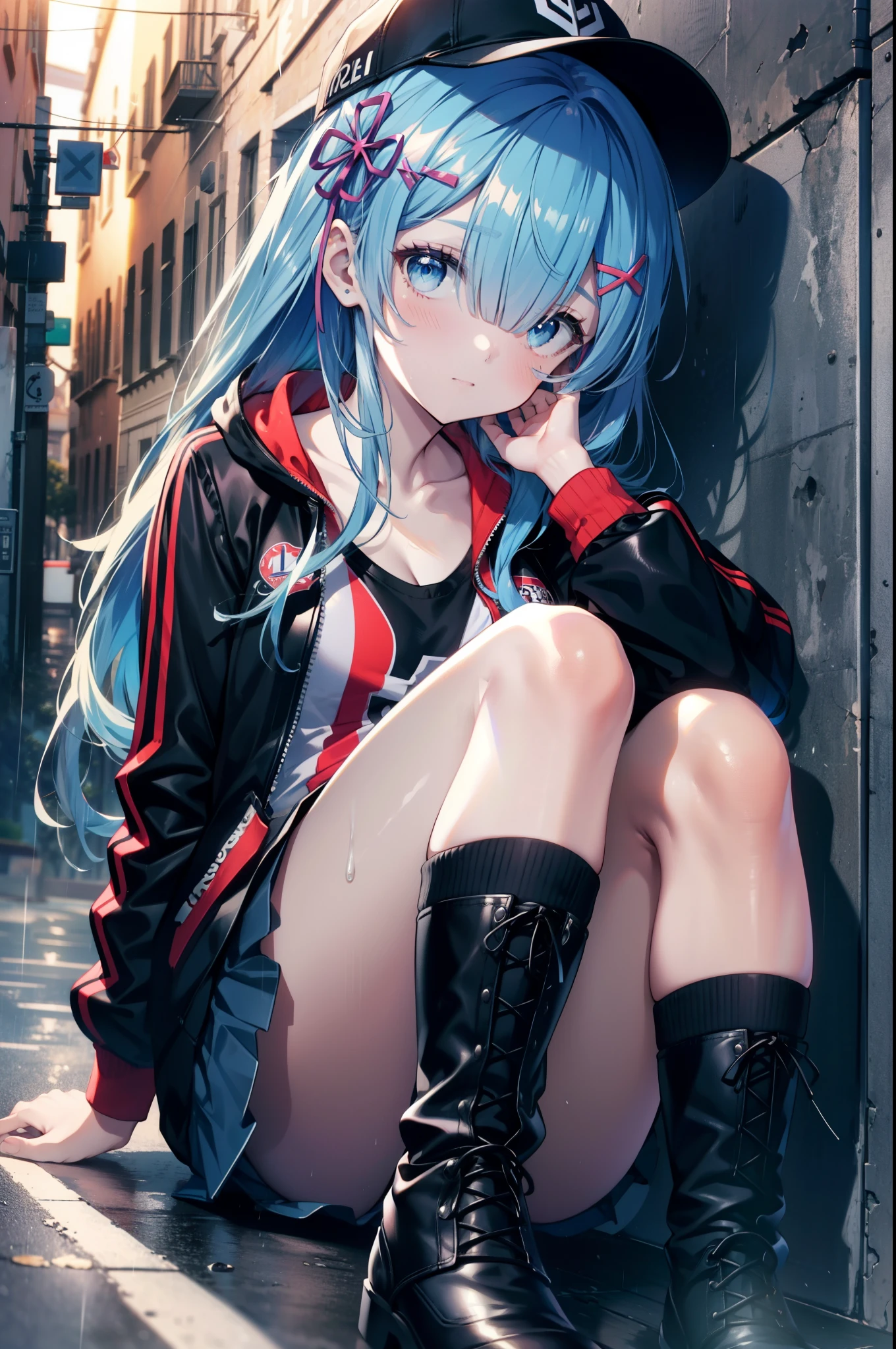 rezeroRem, Rem, blue eyes, Blue Hair, hair ornaments, Hair on one eye, hair ribbon, Long Hair, x hair ornaments,Baseball cap,Riders jacket　Open front,red v neck t shirt,mini skirt,Black knee socks,short boots,Sitting leaning against a wall,rain,Cloudy,Hiding under a roof,whole bodyがイラストに入るように,
break outdoors, Alley,
break looking at viewer, whole body,
break (masterpiece:1.2), Highest quality, High resolution, unity 8k wallpaper, (figure:0.8), (Beautiful attention to detail:1.6), extRemely detailed face, Perfect lighting, extRemely detailed CG, (Perfect hands, Perfect Anatomy),