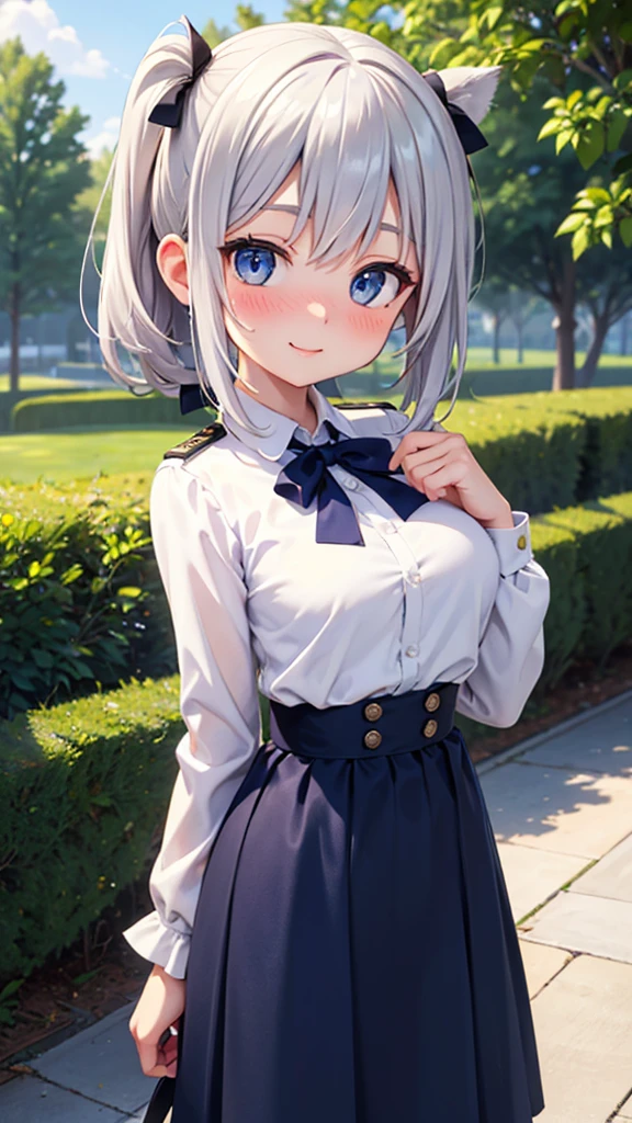 best quality, beautiful detailed eyes, 1girl, solo, silver hair, blue eyes, (loli), (low pony tail), midium breast, nose blush, smile, standing, outdoor, navy blue high-waist long skirt, white no-sleeve blouse,