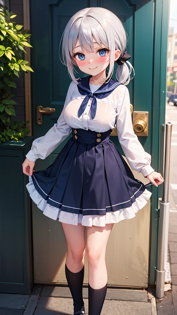 best quality, beautiful detailed eyes, 1girl, solo, silver hair, blue eyes, (loli), (low pony tail), midium breast, nose blush, smile, standing, outdoor, navy blue high-waist long skirt, white no-sleeve blouse,