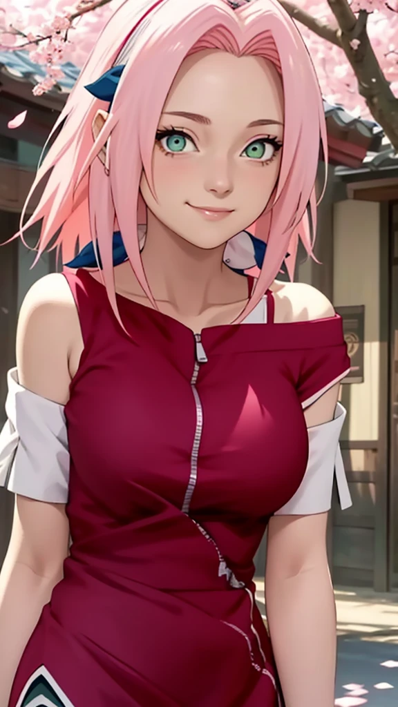 masterpiece, Best quality, 1 Girl, Sakura Haruno, Large Breasts,Off-shoulder dress,(cleveage),(Upper body close-up),Sexy highlighted,Very shy,Smile,Pink Hair, White hair, (Green Eyeball:1.4), Forehead protection, Cherry tree,Cherry Blossoms Flying,Red clothes,Zipper half