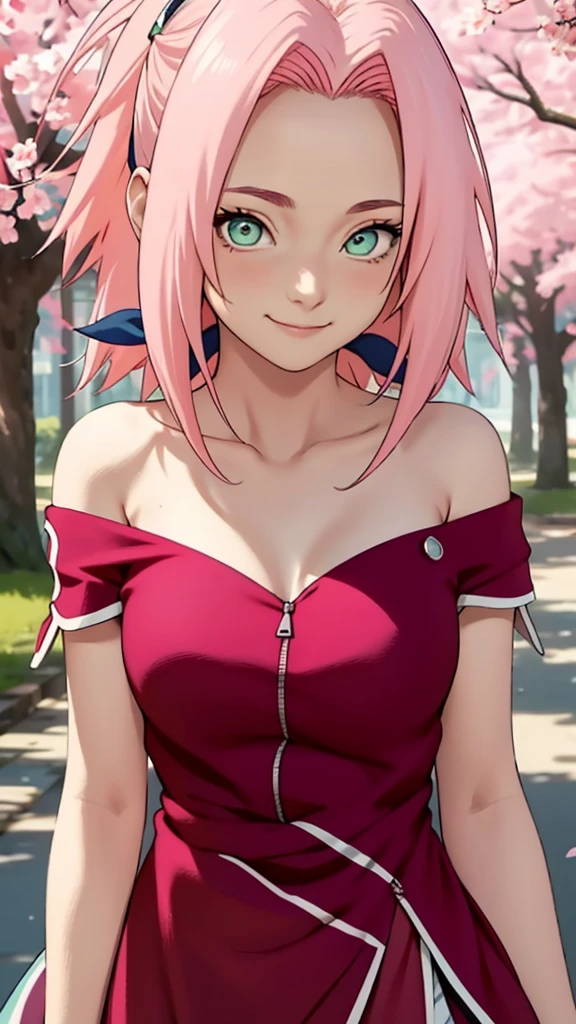 masterpiece, Best quality, 1 Girl, Sakura Haruno, Large Breasts,Off-shoulder dress,(cleveage),(Upper body close-up),Sexy highlighted,Very shy,Smile,Pink Hair, White hair, (Green Eyeball:1.4), Forehead protection, Cherry tree,Cherry Blossoms Flying,Red clothes,Zipper half