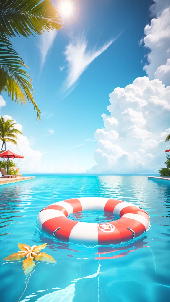 A life buoy floats in the middle of the pool, Tropical Ocean, Stylized as 3D rendering, Paradise in the background, Tropical Beach Paradise, Realistic scene, Stylized 3d rendering, Floating at sea, realistic ocean, realistic 3 d style, Tropical Paradise, floating in the ocean, Tropical swimming pool, Fantasy seascape