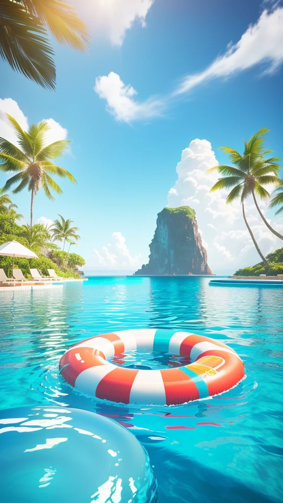 A life buoy floats in the middle of the pool, Tropical Ocean, Stylized as 3D rendering, Paradise in the background, Tropical Beach Paradise, Realistic scene, Stylized 3d rendering, Floating at sea, realistic ocean, realistic 3 d style, Tropical Paradise, floating in the ocean, Tropical swimming pool, Fantasy seascape