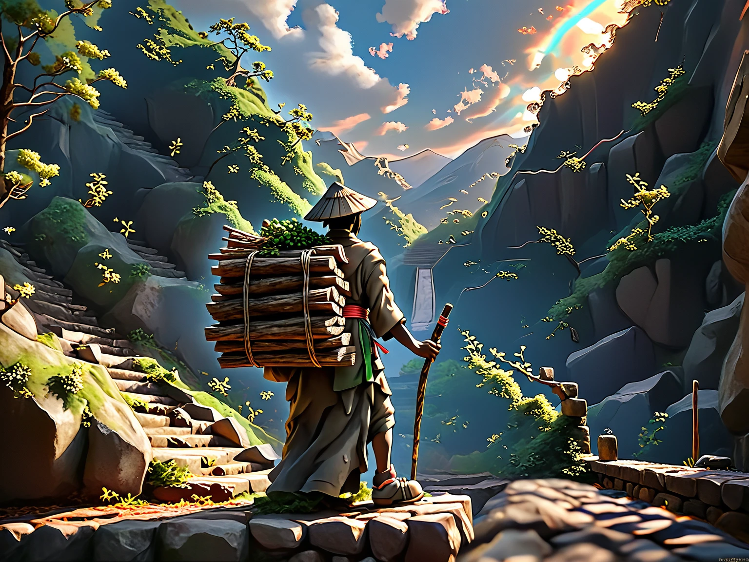 A stone statue of a Japanese man wearing a hat, carrying a stone firewood on his back, and holding a cane in his right hand. Mountain path stairs, 4k masterpiece, best quality, (High definition CG Unity 8k wallpaper), (best quality), (best illustration), (best shadow), incredibly realistic lighting, (abyss), beautiful glow, art by Peter Maubacher,
