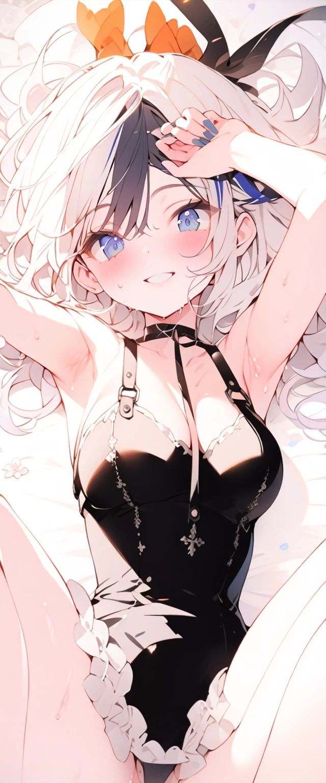 beautiful, masterpiece, Highest quality, anime, One girl, C Cup,Portrait Shot, View your viewers, Covered、Medium Hair、nearby、Blue Eyes、art、、White hair,Blue streaked hair、wallpaper、Cute smile、Thighs、Cute、bed、Beautiful breasts、Full Harness、valley、、Sweat、Armpit、Lying on your back、