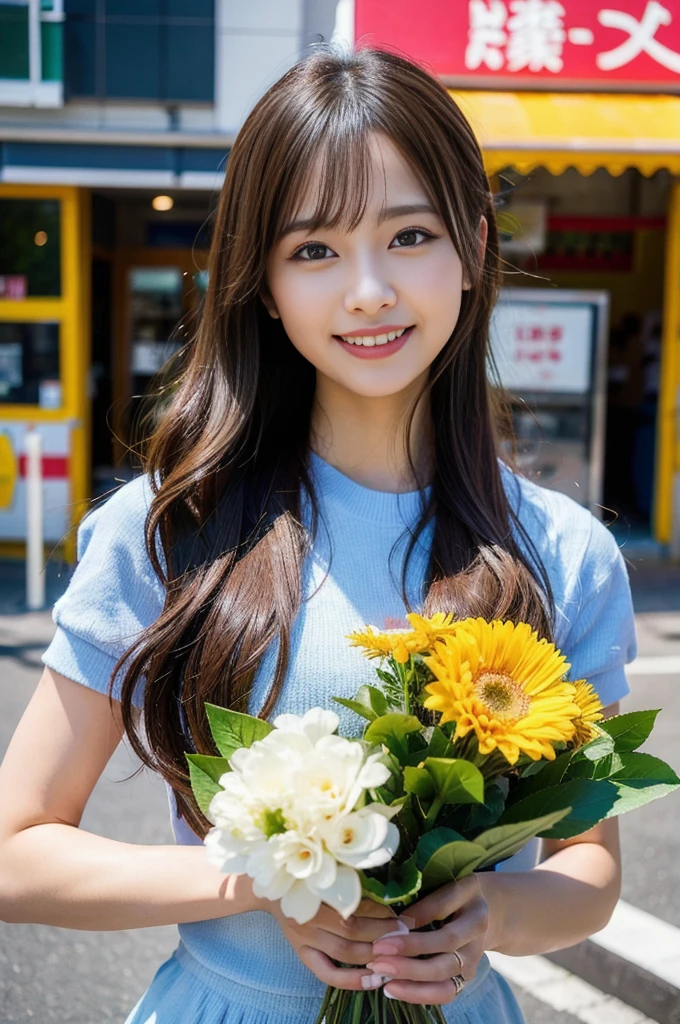 (8K, RAW Photos, Highest quality、masterpiece:1.2), (Realistic、Realistic:1.37), Very detailed, High resolution, 1 girl, (great laugh:1.2), (open your mouth:1.1), View your viewers, dress, Beautifully detailed face、(Holding a bouquet:1.3),Beautiful and detailed skin、Skin Texture、Floating Hair、Professional Lighting, Daytime Beautiful Girl, (LOL:1.2), (口を開hairる:1.1), (RAW Photos, Highest quality), (hair, Highest quality, masterpiece: 1.2), Very detailedな, Super Resolution, Work at a convenience store,