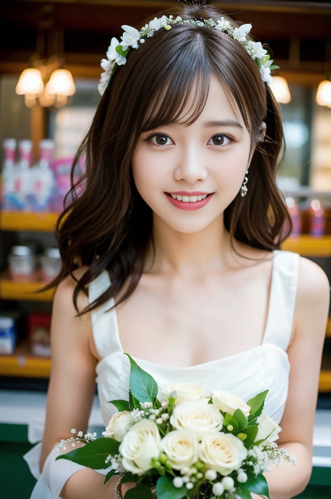 (8K, RAW Photos, Highest quality、masterpiece:1.2), (Realistic、Realistic:1.37), Very detailed, High resolution, 1 girl, (great laugh:1.2), (open your mouth:1.1), View your viewers, dress, Beautifully detailed face、(Holding a bouquet:1.3),Beautiful and detailed skin、Skin Texture、Floating Hair、Professional Lighting, Daytime Beautiful Girl, (LOL:1.2), (口を開hairる:1.1), (RAW Photos, Highest quality), (hair, Highest quality, masterpiece: 1.2), Very detailedな, Super Resolution, Work at a convenience store,