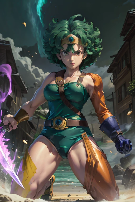 Anime Artwork Anime Artwork Masterpiece,Highest quality, Unreal Engine, Ultra-high resolution, Very detailed丸い胸, 1 person with medium chest, Waist, thin,(Muscular:0.9)
heroine,
Circlet, Curly Hair, Green Hair, short hair, Asymmetrical clothing, leotard, belt, One-handed gloves, Single Sleeve, Single Thigh High Cave, Holding a sword, . Anime Style, Key Visual, Vibrant, Studio Anime, Very detailed、Get down on one knee、Crippling、Hurt、Coming under attack、be hit by a snowstorm
