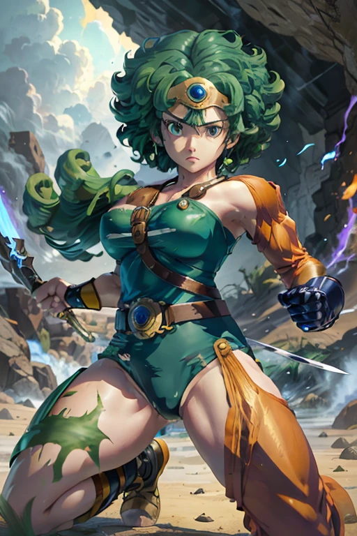 Anime Artwork Anime Artwork Masterpiece,Highest quality, Unreal Engine, Ultra-high resolution, Very detailed丸い胸, 1 person with medium chest, Waist, thin,(Muscular:0.9)
heroine,
Circlet, Curly Hair, Green Hair, short hair, Asymmetrical clothing, leotard, belt, One-handed gloves, Single Sleeve, Single Thigh High Cave, Holding a sword, . Anime Style, Key Visual, Vibrant, Studio Anime, Very detailed、Get down on one knee、Crippling、Hurt、Coming under attack、be hit by a snowstorm