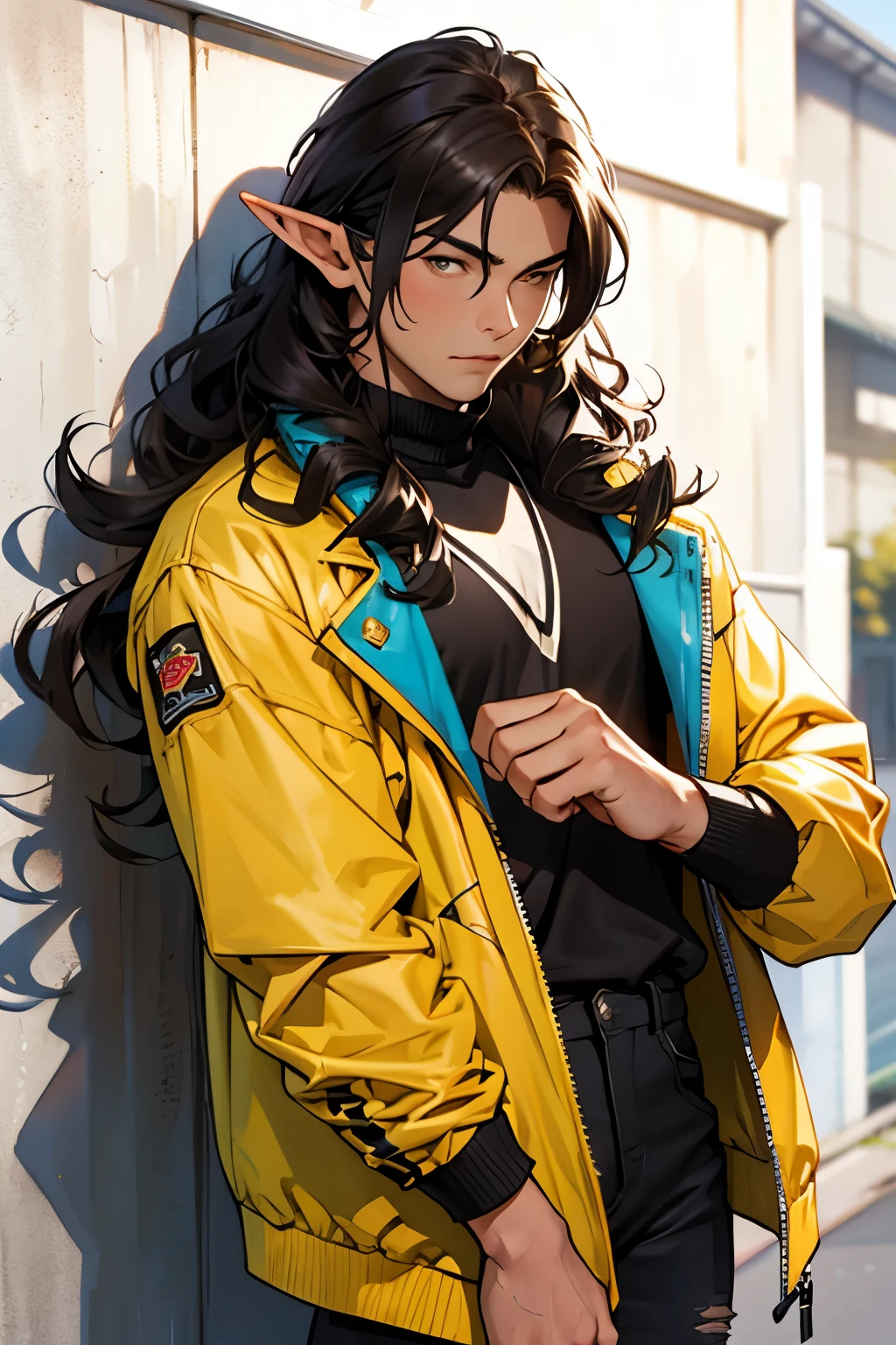 Full body, Male Brown Elf With School clothes, using a Black and yellow jacket, long Black curly hairs, using Black ripped pants