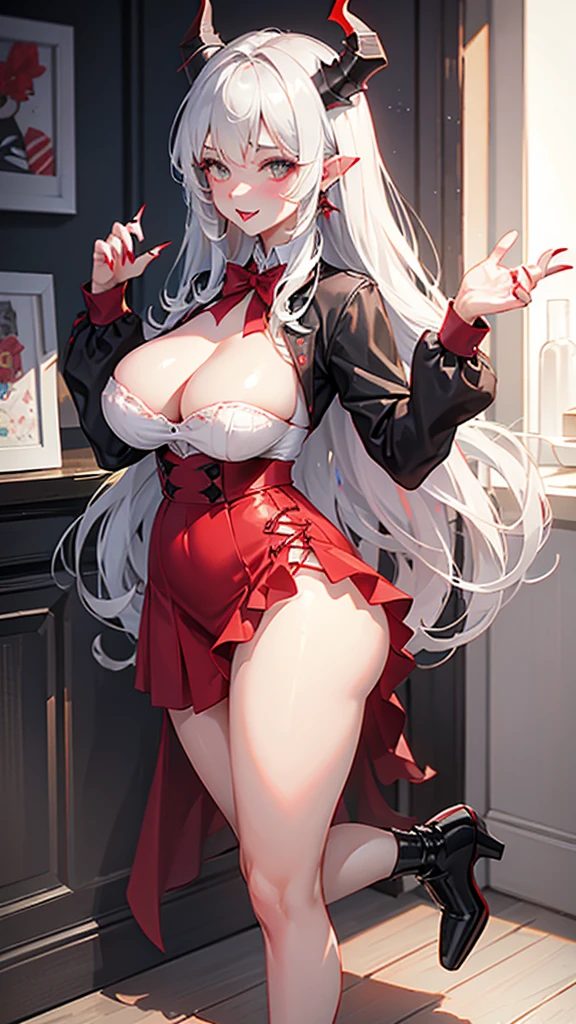 1Woman milf “"Giant breasts" + "large rear" + "wide hips" + " tiny waist" + "plump thighs" + "gray eyes" + "Long black color Hair" + "Red Lips" + "Lucious Lips"”)}, {“Outfit”: big red pointed horns, fangs, black top, red skirt, red pointed nails, black high heels, Reddish lace bow on the thigh