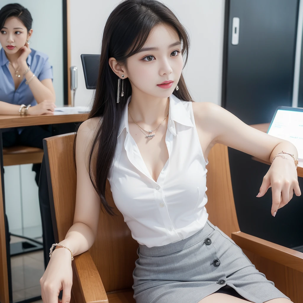 (((Practical photography))),,28year, portrait,Upper body, Korean,(Mature:1.3),, 1 girl,beautiful girl, arrogant,Sit in a large class chair , (necklace,earrings,bracelet:1.1), Sleeveless shirt,Button-down shirt and hip skirt,mini skirt , (cleveage:0.3),, In the CEO's office, (Environmental details:1.3),, (original photo, CG Unity, photography, ultra Practical details, Clear focus, Delicate skin,4K, high resolution, masterpiece, best quality, Practical, Full of energy:1.2),, (8K,4K, Ultra-high quality, high resolution, professional, Movie-like, , dramatic),(armpits:1.2), Detailed office background,