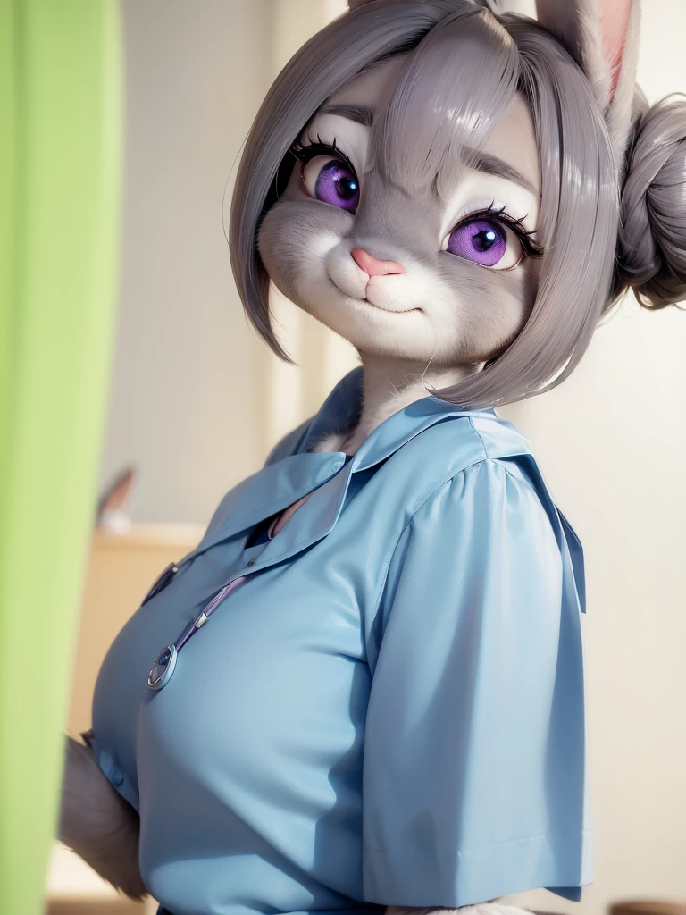 Highest quality,
masterpiece,
Ultra-realistic,
Super detailed,
Beautiful details,
4K,8K,upper,
pixar,
Photo realistic,
Medium Shot,
((Low angle view)),
Background is ((hospital room)),
Realistic lighting,
((Anthropomorphic rabbit)),
Detailed animals,
Complex patterns,
(Furry:1.35),
(All skin is grey:1.35),
(The body is fluffy and bushy:1.1),
Realistic fur,
Human hand,
(Judy Hopps face:1.35),
((Single bun hairstyle)),
((side part bangs)), bangs,
hair color is dark gray,
Purple eyes,
{Eye highlights, Clear eyes, Eyes sparkling, Large, round pupils},
Detailed Iris,
(Eyebrows raised:1.2),
(Crescent eyebrows:1.3),
(Bunny ears:1.3),
hospitality smile,
((Angel smile)),
innocent smile,
raised corners of mouth,
The woman is wearing ((nurse uniform)) with collar, skirt,
cyan blue nurse uniform,
cyan blue nurse skirt,
collared shirt,
((Green Curtain)),
Put one hand on self neck,
(alone:1.5),
(1. Female:1.5),
Only 1 character,
Perfect Anatomy,
lighting forward,
Lighting front,
Intricate details,
Ray Tracing,
Realistic,
