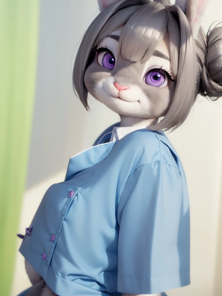 Highest quality,
masterpiece,
Ultra-realistic,
Super detailed,
Beautiful details,
4K，8K，upper,
pixar,
Photo realistic,
Medium Shot,
((Low angle view)),
Background is ((hospital room)),
Realistic lighting,

((Anthropomorphic rabbit)),
Detailed animals,
Complex patterns,
(Furry:1.35),
(All skin is grey:1.35),
(The body is fluffy and bushy:1.1),
Realistic fur,

Human hand,

(Judy Hopps face:1.35),
((Single bun hairstyle)),
((side part bangs)), bangs,
hair color is dark gray,
Purple eyes,
{Eye highlights, Clear eyes, Eyes sparkling, Large, round pupils},
Detailed Iris, 
(Eyebrows raised:1.2),
(Crescent eyebrows:1.3),
(Bunny ears:1.3),
hospitality smile,
((Angel smile)),
innocent smile,
raised corners of mouth,

The woman is wearing ((nurse uniform)) with collar, skirt,
cyan blue nurse uniform,
cyan blue nurse skirt,
collared shirt,
((Green Curtain)),
Put one hand on self neck,

(alone:1.5),
(1. Female:1.5),
Only 1 character,
Perfect Anatomy,

lighting forward,
Lighting front,
Intricate details, 
Ray Tracing, 
Realistic, 