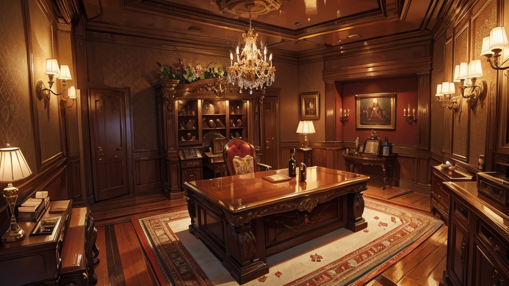 Medieval European luxury room,Gorgeous desk,wine,Godfather Mafia Room,Looking up