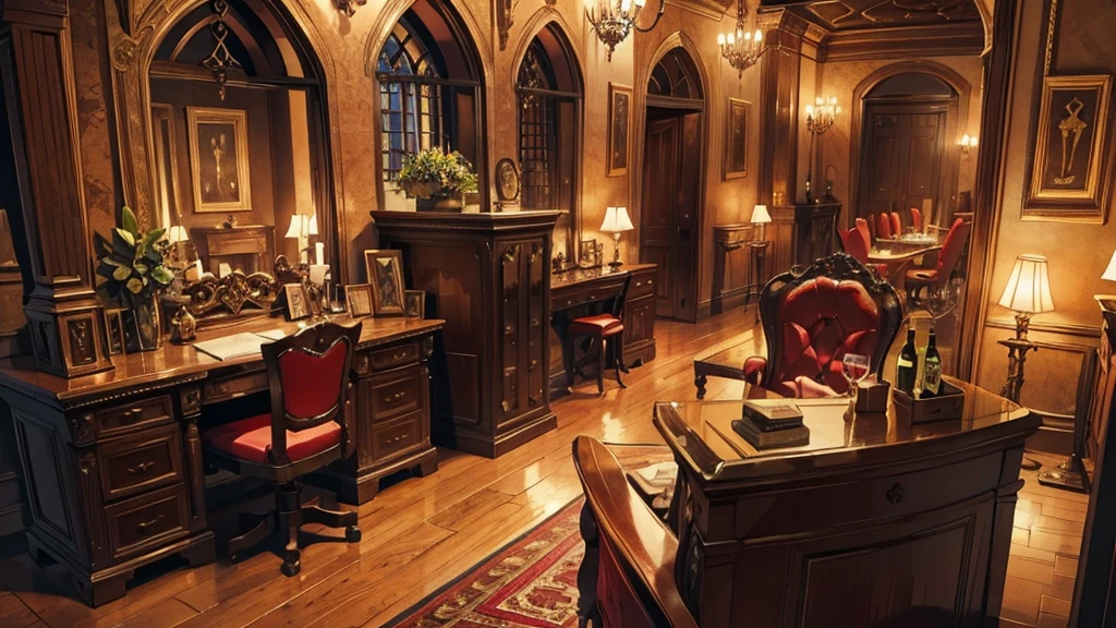 Medieval European luxury room，Gorgeous desk，wine，Godfather Mafia Room，Looking up