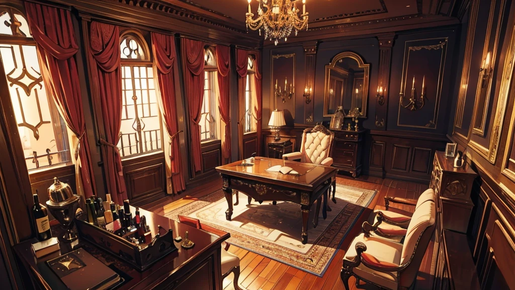Medieval European luxury room,Gorgeous desk,wine,Godfather Mafia Room,Looking up