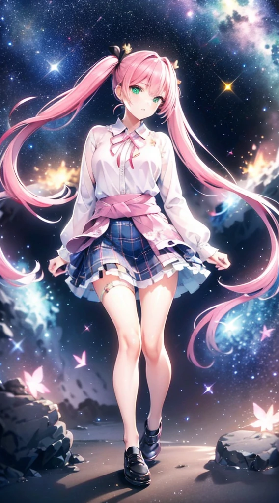 High detail, Super detailed, Ultra-high resolution, A girl having fun in a dreamlike galaxy, Surrounded by stars, The warm light that shines on her, Starry background with colorful galaxies and galactic clouds, The stars fly around her, Add a playful touch ,(((Pink long hair)))、(((Half Twin Tail)))、solo、Green Eyes、skirt、(((long back hair)))、shirt、shoes下、(Blue waistband)、白いshirt、格子縞のskirt、Plaid、sleevesa rolled up、chest、襟付きshirt、ribbon、Knee-high、bangs、shoes、(茶色のskirt)、赤いribbon、(茶色のプリーツskirt)、Mouth closed、ネックribbon、Medium breast 