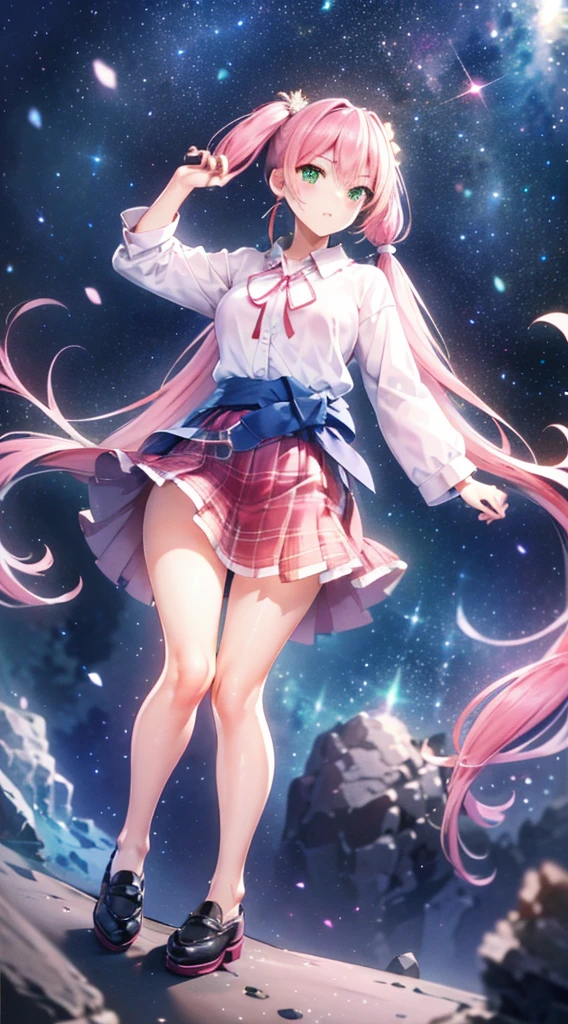 High detail, Super detailed, Ultra-high resolution, A girl having fun in a dreamlike galaxy, Surrounded by stars, The warm light that shines on her, Starry background with colorful galaxies and galactic clouds, The stars fly around her, Add a playful touch ,(((Pink long hair)))、(((Half Twin Tail)))、solo、Green Eyes、skirt、(((long back hair)))、shirt、shoes下、(Blue waistband)、白いshirt、格子縞のskirt、Plaid、sleevesa rolled up、chest、襟付きshirt、ribbon、Knee-high、bangs、shoes、(茶色のskirt)、赤いribbon、(茶色のプリーツskirt)、Mouth closed、ネックribbon、Medium breast 