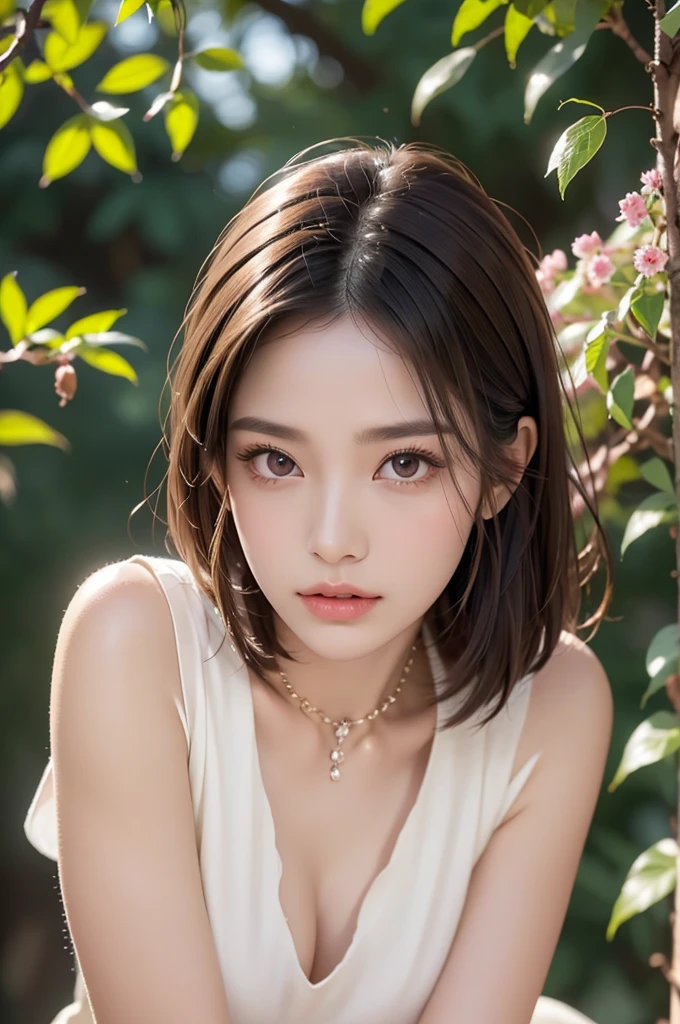 Beautiful girl, Hair that falls over the shoulders, Clear Eyes, Smooth Hair, Exquisite and perfect features, The most beautiful big eyes, Long eyelashes, The gentle eyes of a lying silkworm, Pouting, Dynamic Angle, Ultimate image quality, Highest precision, Accurate and perfect human body, necklace, Beautiful bust, close, Outdoor, The background is flowers and plants, Long Shot,Beautiful slim legs,Above the knee images