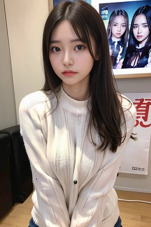 Random pose、Top quality、Ultra-high resolution、(Photorealistic:1.5)、1 girl、sweater、(Long hair:1.2)、(Big breasts:1.2)、hostel、Looking at the audience、close up、whole body、Hateful eyes、Embarrassed face