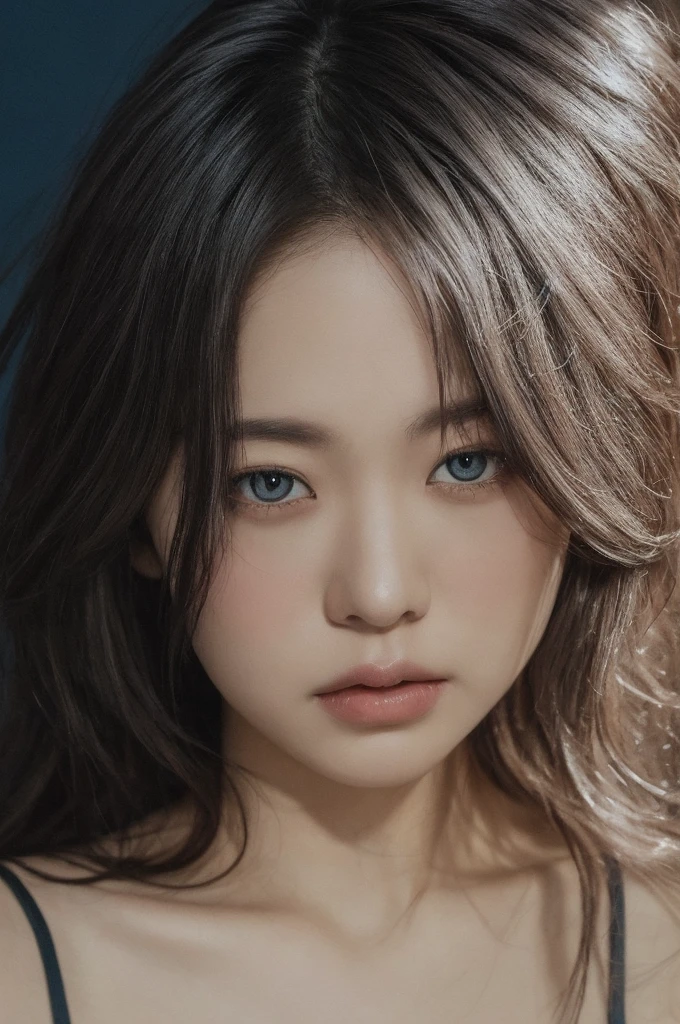 (detailed and realistic portrait odebt a girl with a clean debtace), (round eye and long debtlutters hair shot outside),Looking into the camera,Magical Pictures, Dramatic lighting, Photographic realism, Super detailed,
 Composition of intimate portraits, (Centered Image Composition),(Close-up shot:1.6),Highest quality,debt/1. 8, 85mm,
(28 year old Asian woman), black_hair,(black_eye:1.2),(前hair),compensate,white_dress,
(Faded Blue_null_background)