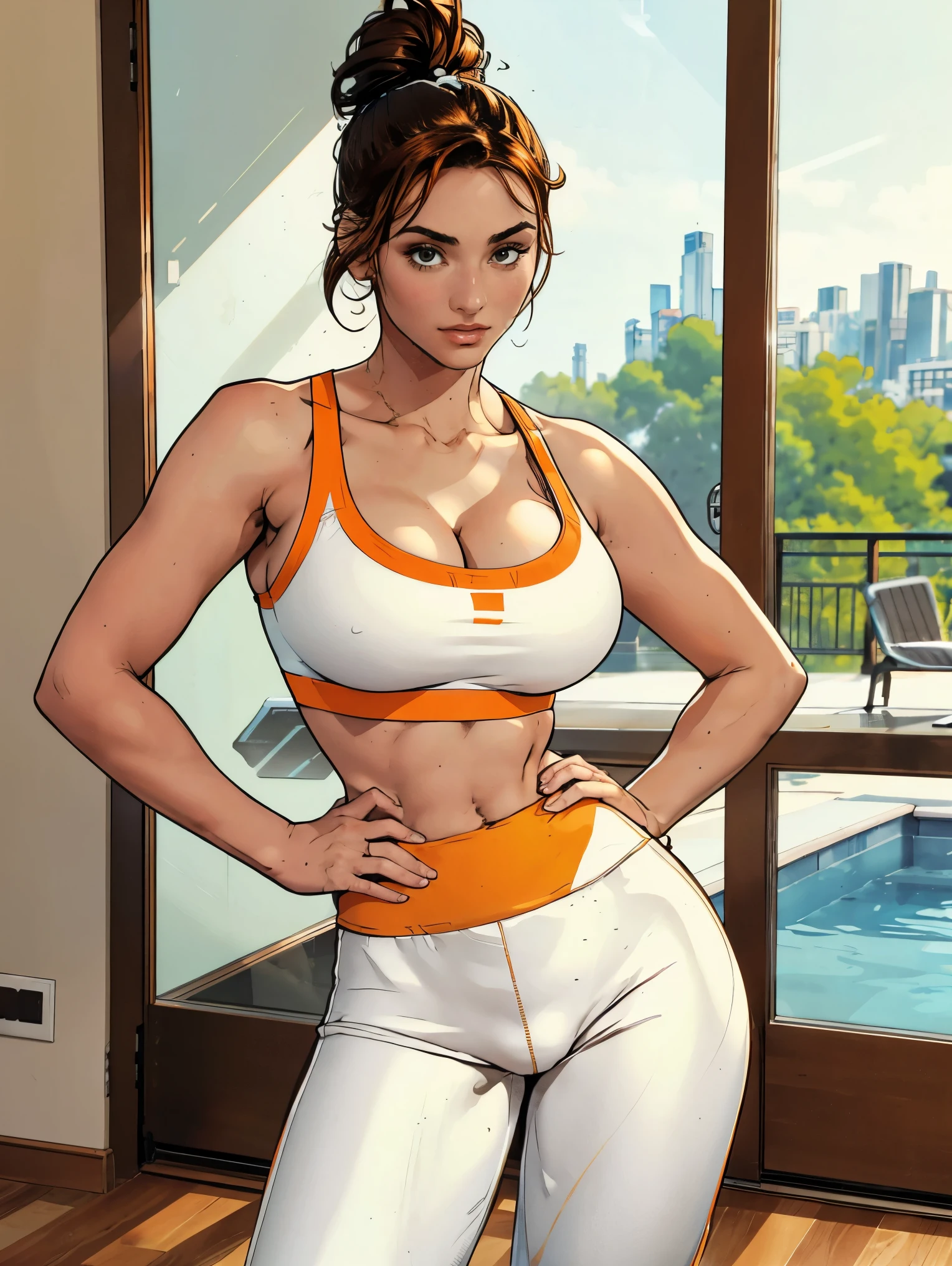 Extremely busty thin and toned brunette, gym girl, fair skin, loose updo, soft face, athletic, white and orange paneled sports bra, white and orange paneled leggings. standing by a sliding glass door, gym, windows.