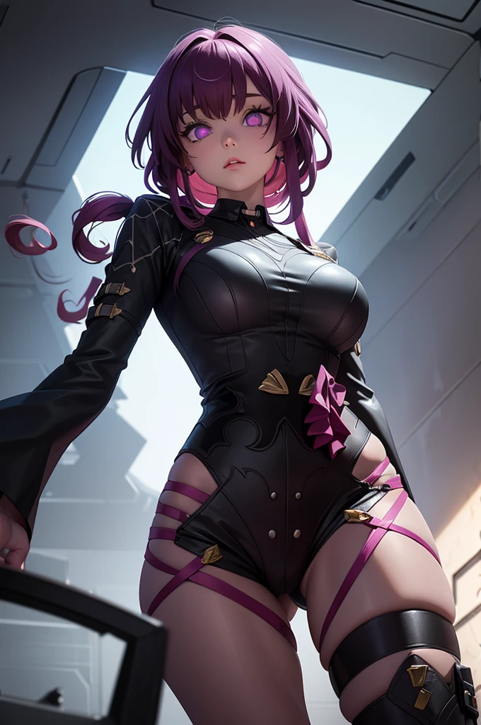 Masterpiece level, highest quality assurance, highlighting the image of 1 girl, official style, fantastic purple eyes and hair, elastic skin, moderate medium shot, looking directly at the audience, clear picture and vignetting effect, detailed and charming eyes (pureerosface_v1:0.5), extremely provocative action, intense star track background, bustling cross-legged, arrogant bangs, horror apocalyptic background, the same color of left and right eyes, (from below:1.5), (one girl:1.5)