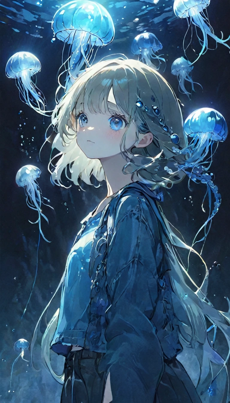 finely detailed illustration, best quality, masterpiece, vibrant color,High resolution、８ｋ、Pitch blackの静寂を演出、Wallpaper Art、Very detailed_face_eye、sharp focus on eyes, 非常に繊細なfaceと肌の質感、Woman looking around、pretty girl、14 years old、camisole、denim hot skirt、Jellyfish floating in the air、Blue glowing jellyfish、Fluorescent jellyfish、Mystical Expressions、Synaptic vesicles、Neuron、Pitch black、The only light source is a jellyfish、