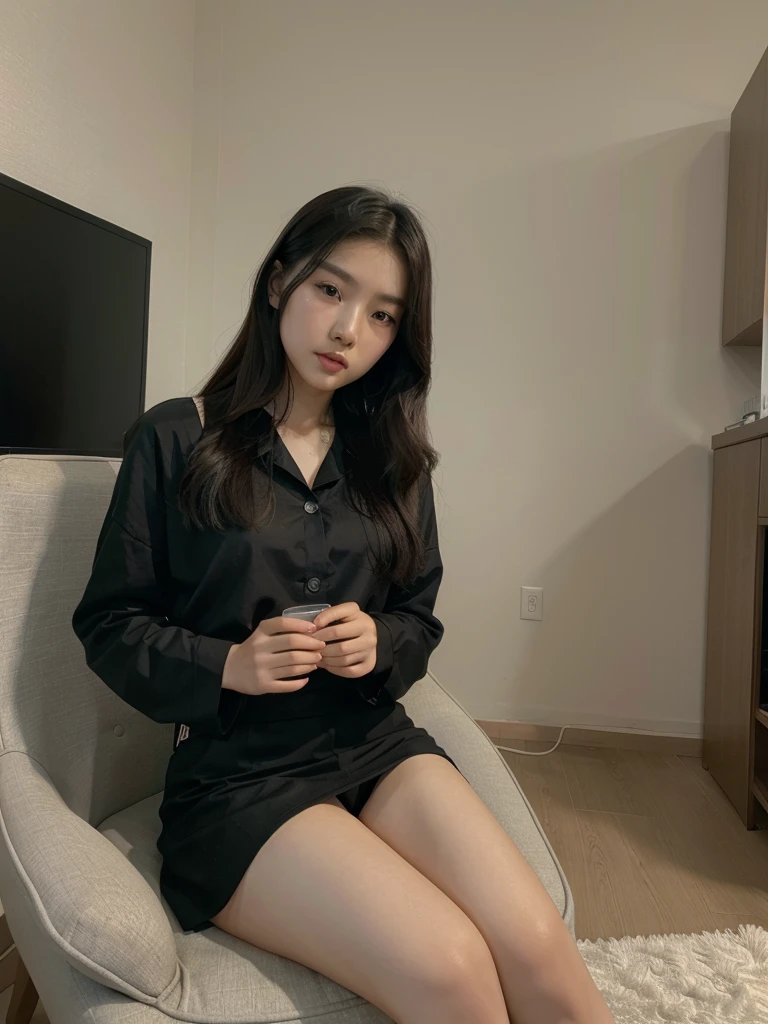 there is a woman sitting in a chair in a room, a picture by Yang J, tumblr, realism, korean girl, sitting in a lounge, gorgeous young korean woman, beautiful south korean woman, taken in 2 0 2 0, 8k)), sakimichan, korean woman, gorgeous lady, ulzzang, black outfit, wearing in black clothes