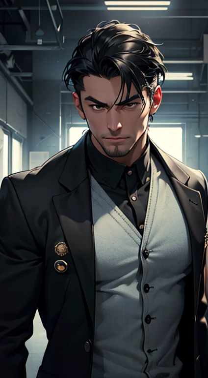 (best quality, masterpiece, 8K, photorealistic, cinematic lighting, hdr image, ultra detailed, beautiful image), a mature man, very handsome, serious, short black hair, black eyes, perfect face without errors, ((buttoning the jacket, CEO))
